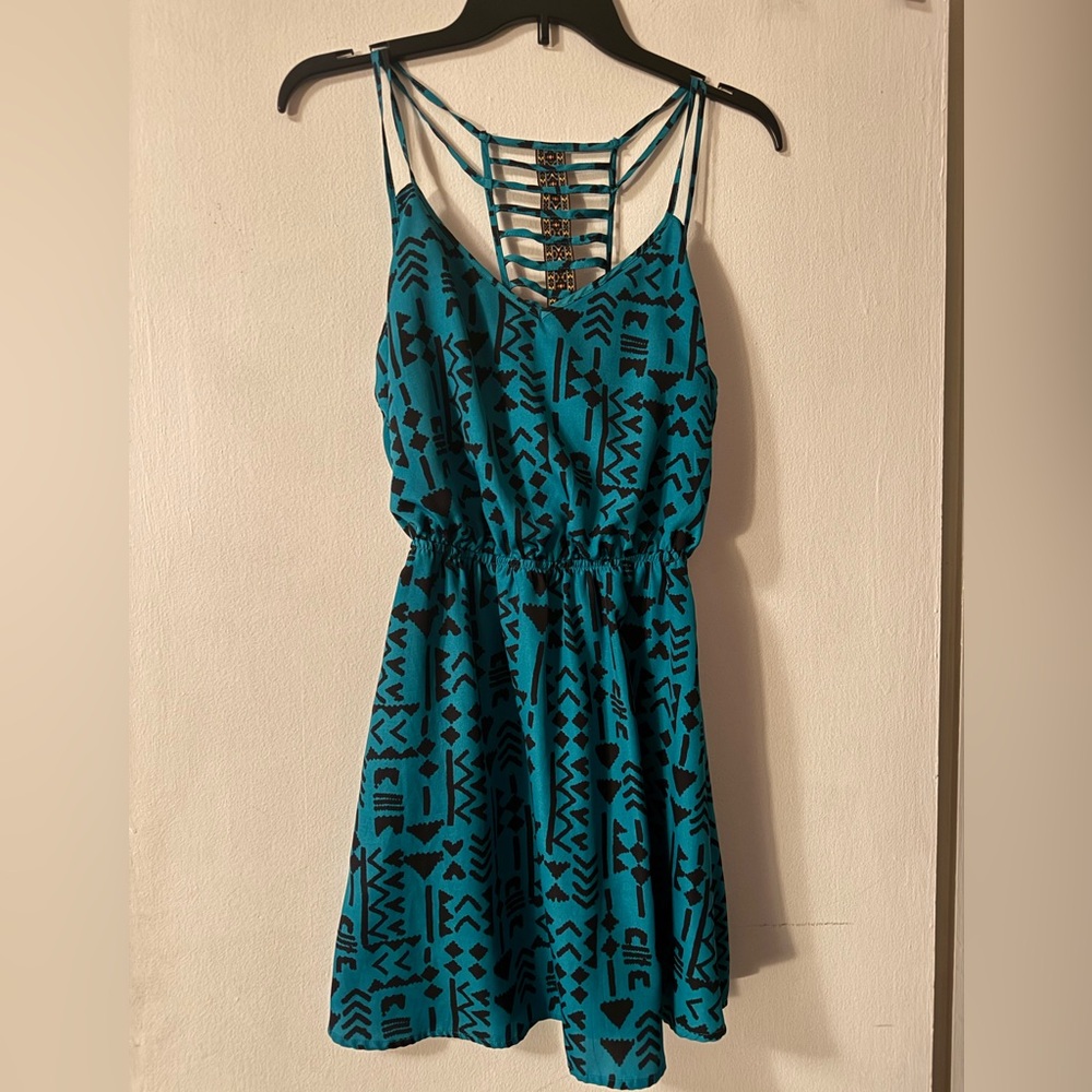 Teal and Black Patterned Women's Dress XS